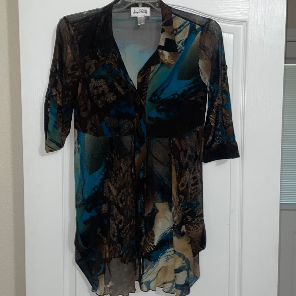 WOMENS SIZE 14 ABSTRACT SHEER BUTTON DOWN BLOUSE